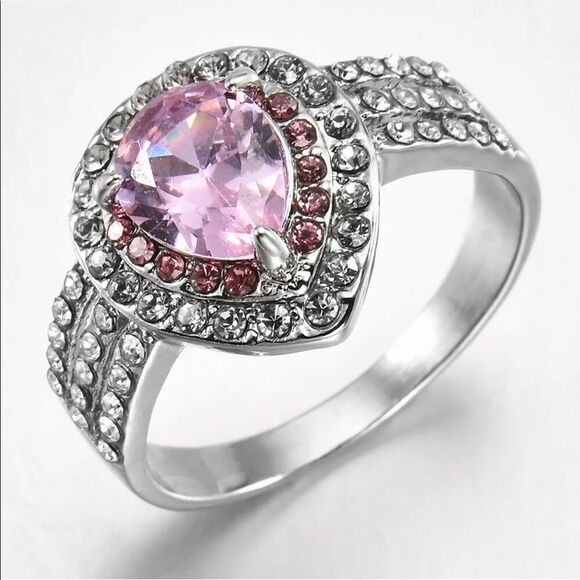 The Pink Tear sapphire 925 Silver tear drop statement ring sz 8 - Picture 2 of 11